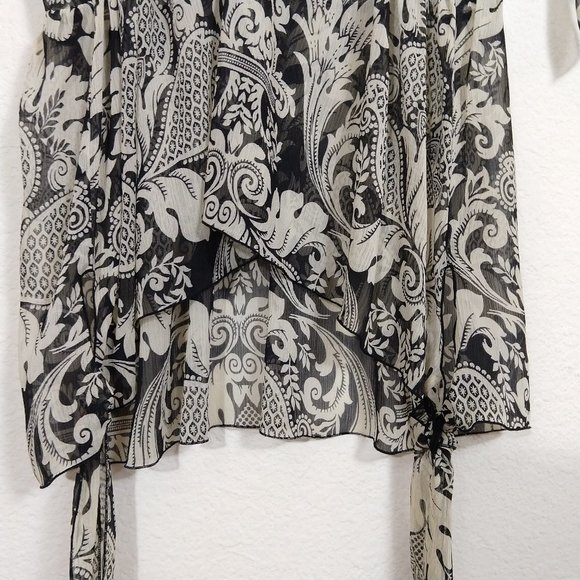 Anna Sui Floral Sheer V-neck Slit Short Sleeves Blouse Top Black Beige Size S - Picture 8 of 12